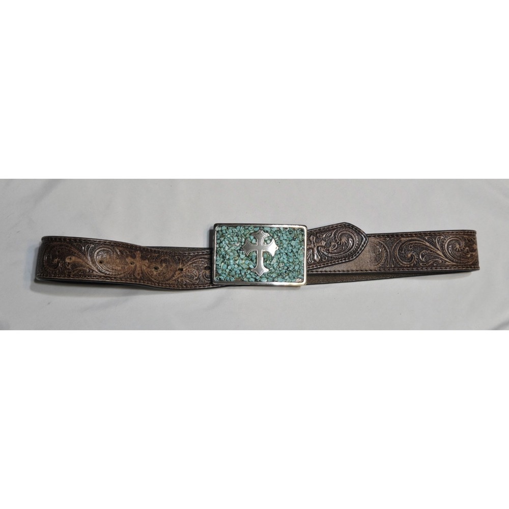 Nocona Women Scroll Embossed Leather Belt Turquoise Silver Cross Buckle Western